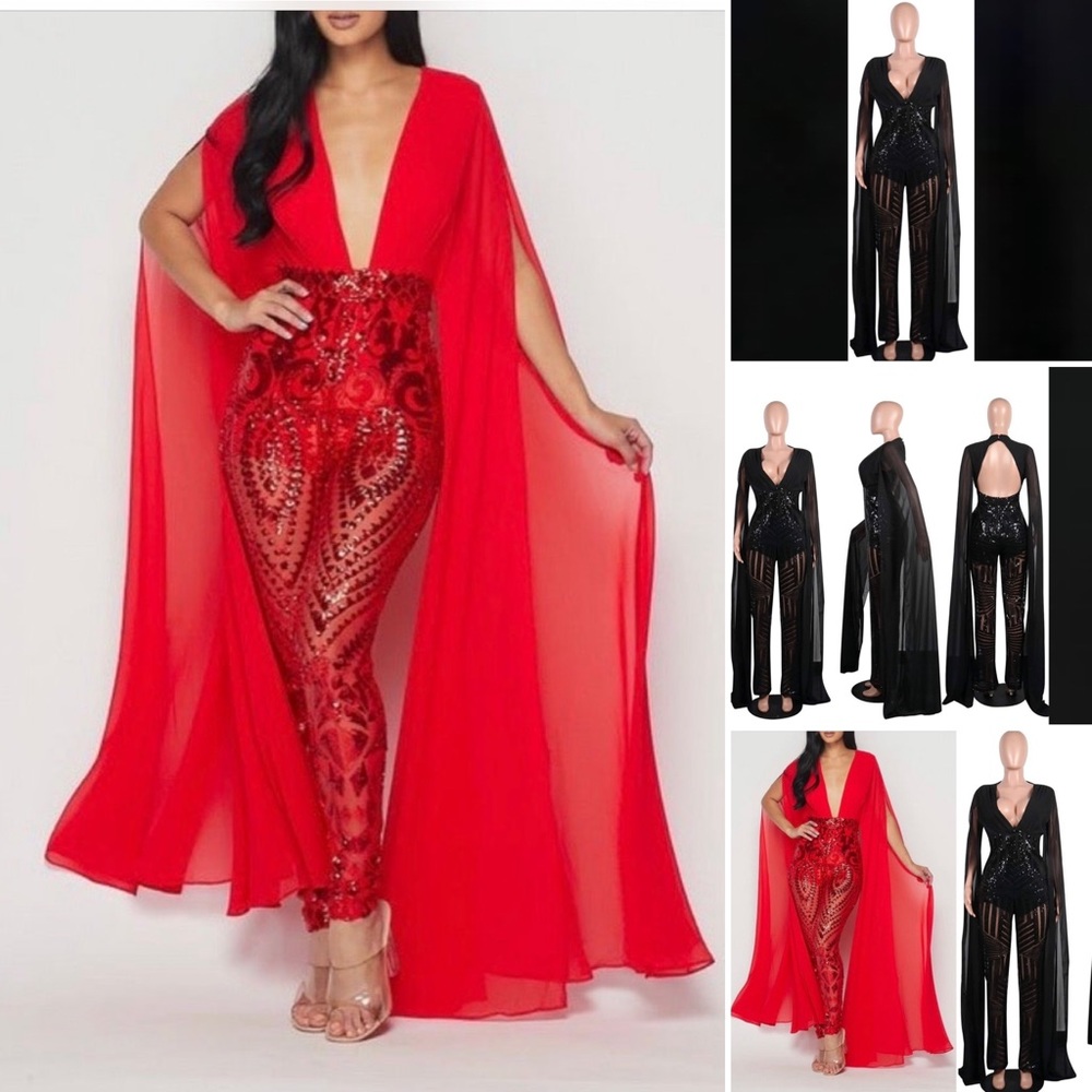 Sequin Jumpsuit With Split Dramatic Sleeves - image 3